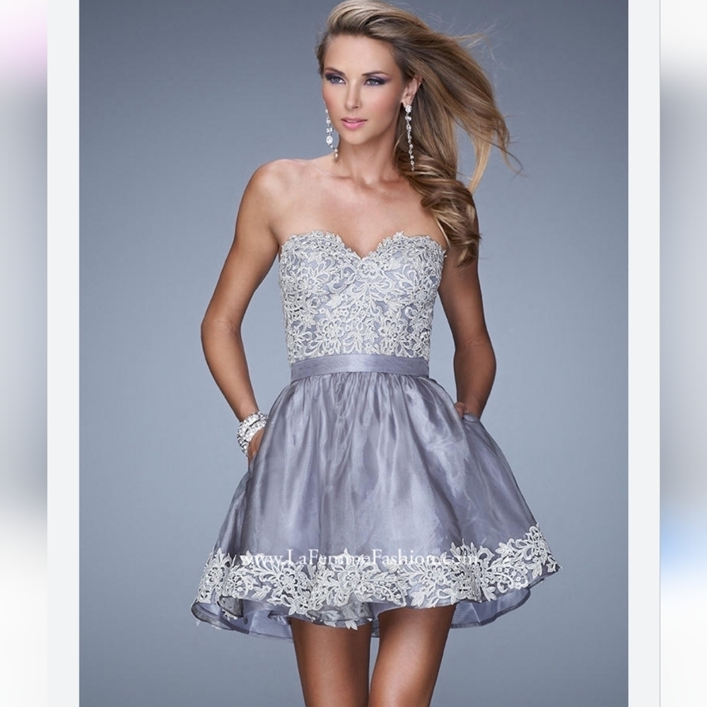 $398 La Femme Strapless Dress Women Sz 12 Gray Lace Fit Flare Lined Prom Party